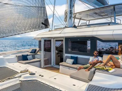 Deck of NAMA, a Lagoon 60 catamaran at Olbia, Italy