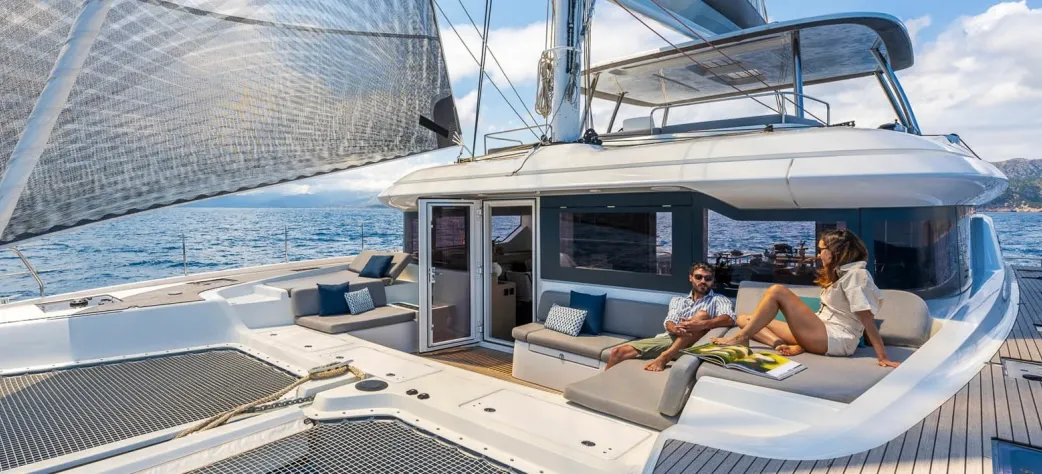 Deck of NAMA, a Lagoon 60 catamaran at Olbia, Italy