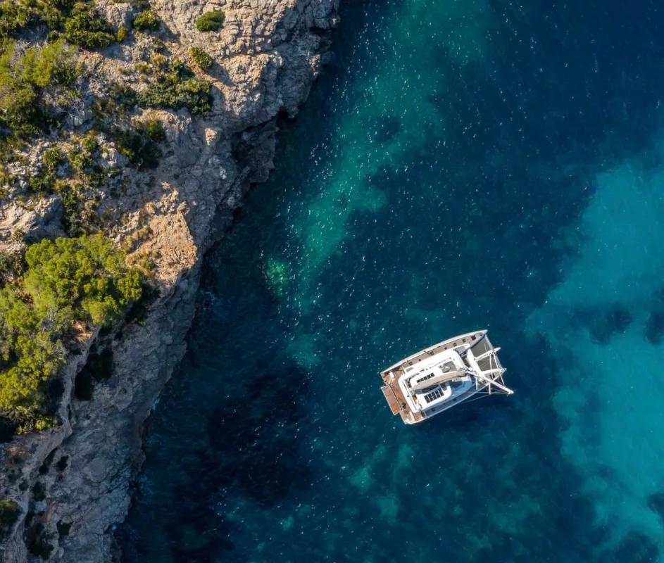 Exterior view of NAMA, a Lagoon 60 catamaran at Olbia, Italy