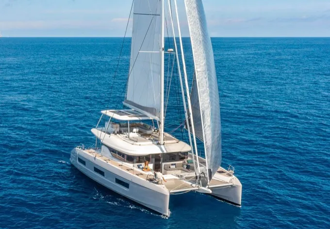 Exterior view of NAMA, a Lagoon 60 catamaran at Olbia, Italy