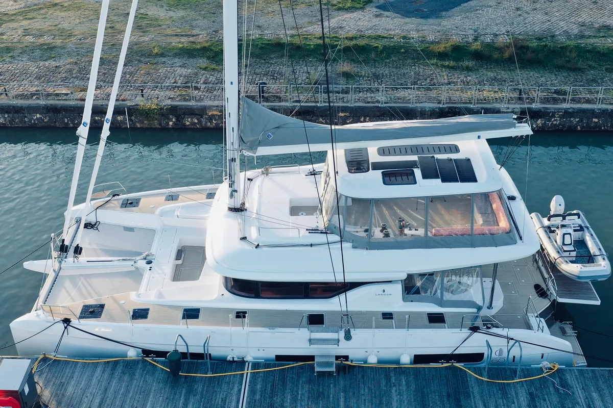 Exterior view of NAMA, a Lagoon 60 catamaran at Olbia, Italy