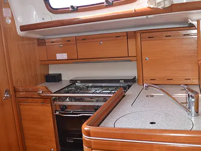Galley of Northwind II, a Bavaria 35 Match sailboat at Sipias, Greece