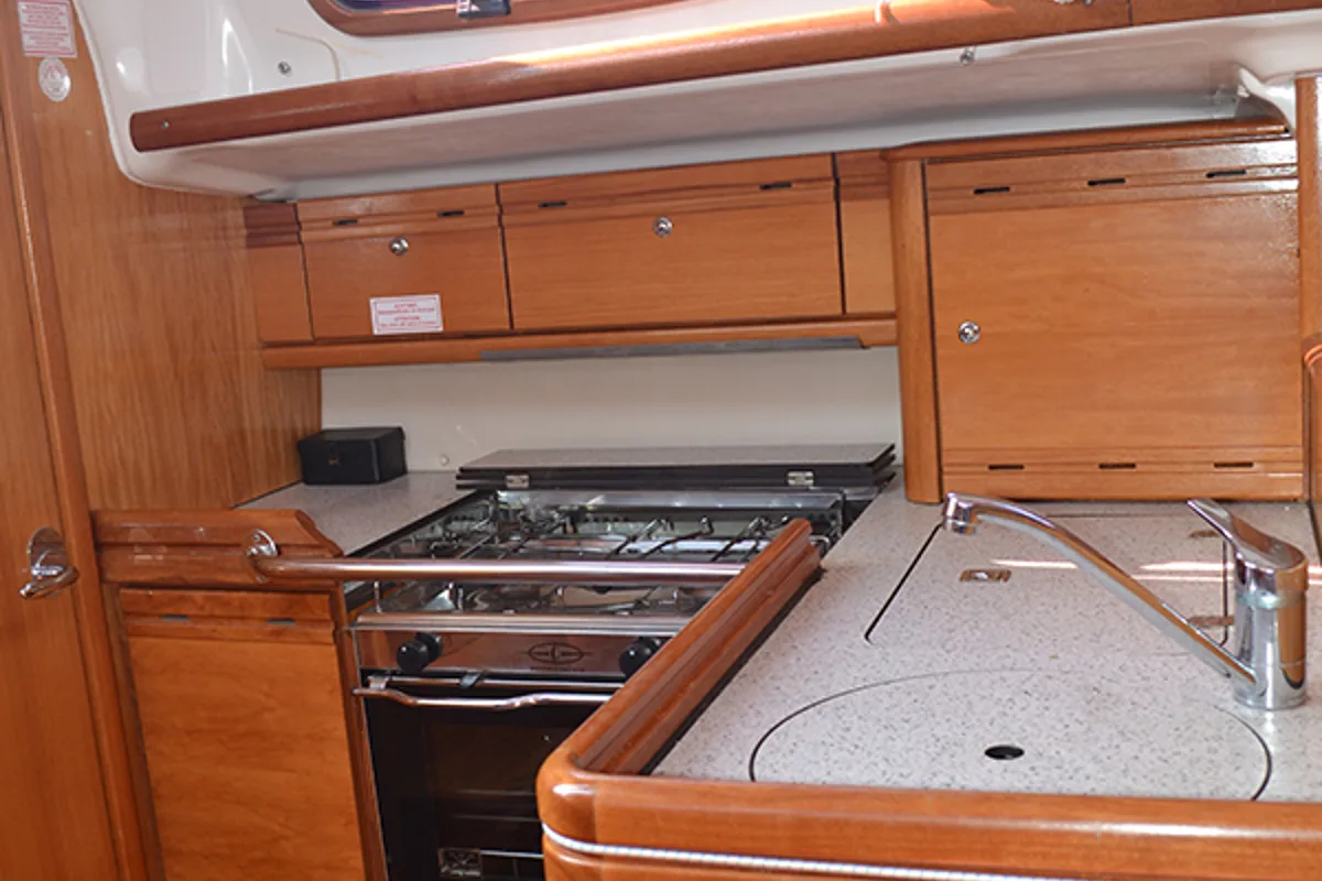 Galley of Northwind II, a Bavaria 35 Match sailboat at Sipias, Greece