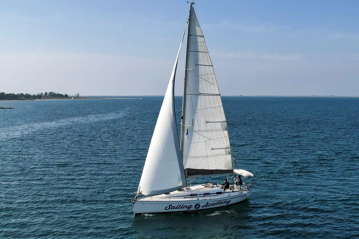 Exterior view of Northwind II, a Bavaria 35 Match sailboat at Sipias, Greece