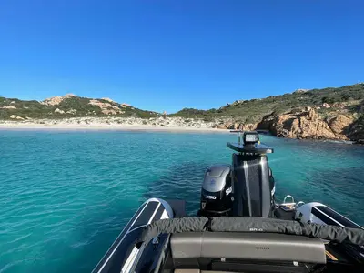 Deck of Goldfinger, a Brig Eagle 10 RIB at Figari, Italy