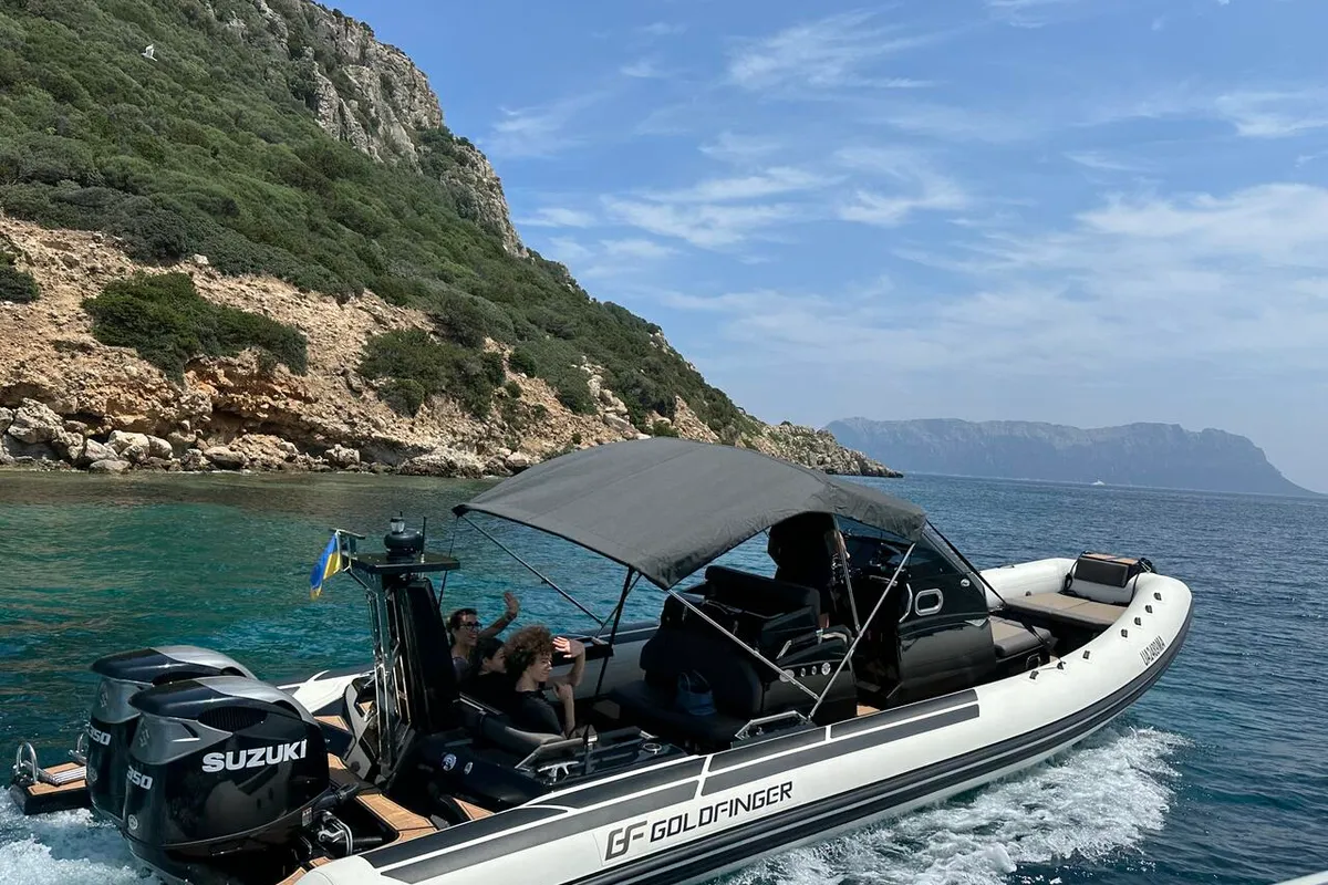 Exterior view of Goldfinger, a Brig Eagle 10 RIB at Figari, Italy