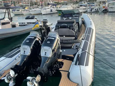 Exterior view of Goldfinger, a Brig Eagle 10 RIB at Figari, Italy
