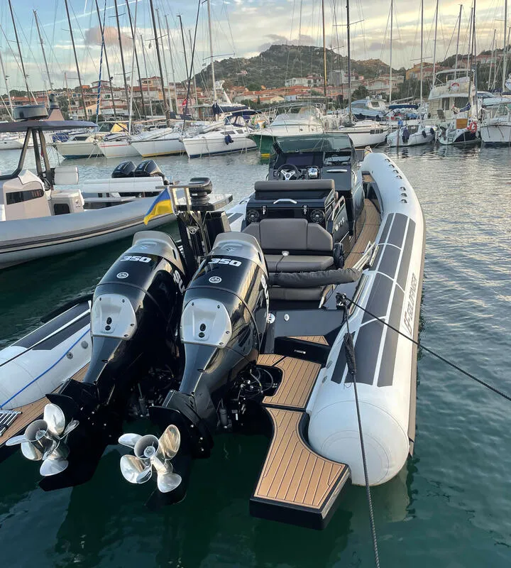 Exterior view of Goldfinger, a Brig Eagle 10 RIB at Figari, Italy