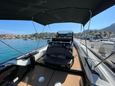 Deck of Goldfinger, a Brig Eagle 10 RIB at Figari, Italy