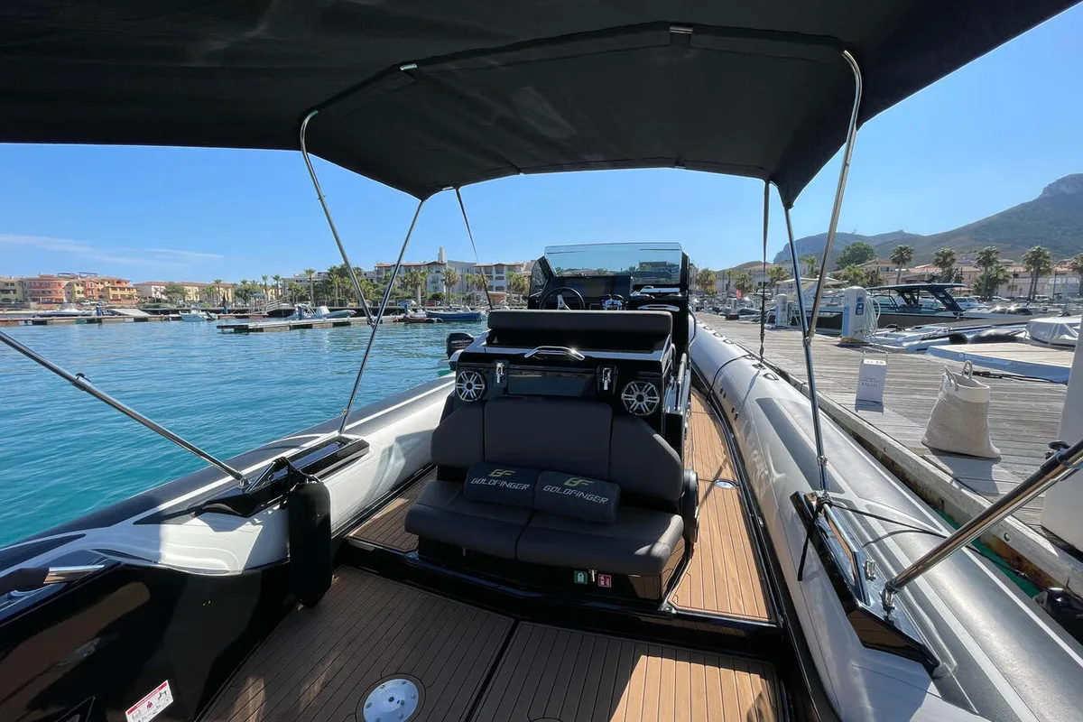 Deck of Goldfinger, a Brig Eagle 10 RIB at Figari, Italy