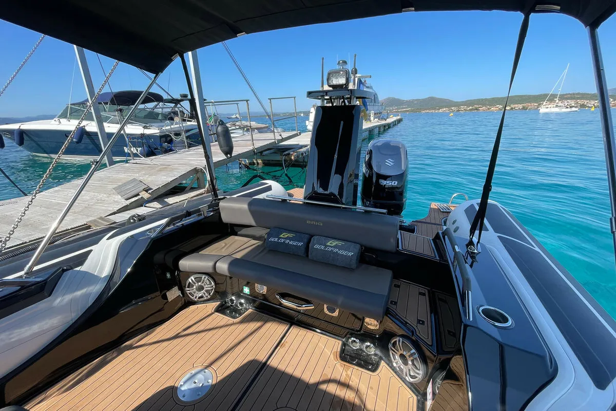 Deck of Goldfinger, a Brig Eagle 10 RIB at Figari, Italy