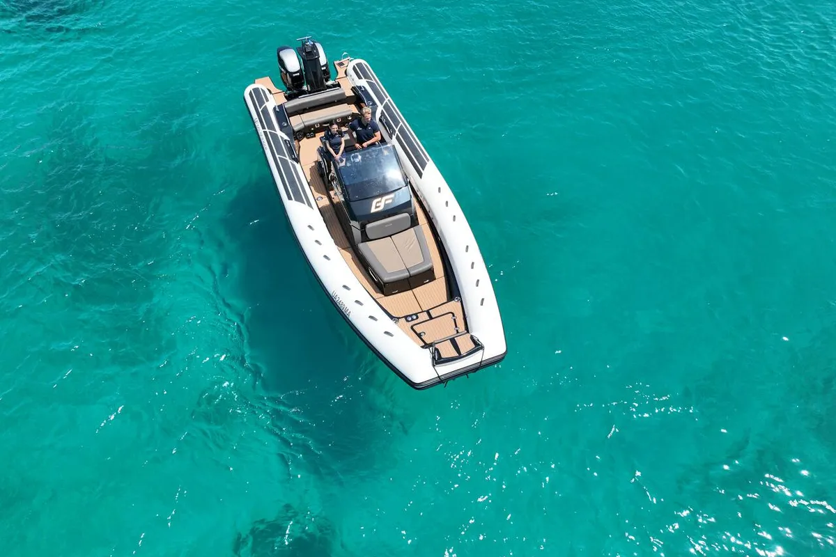Exterior view of Goldfinger, a Brig Eagle 10 RIB at Figari, Italy