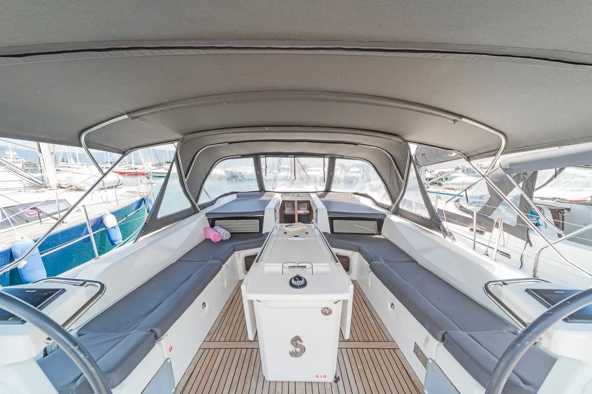 Cockpit of Babakita, a Beneteau Oceanis 51.1 sailboat at Kontokali, Greece