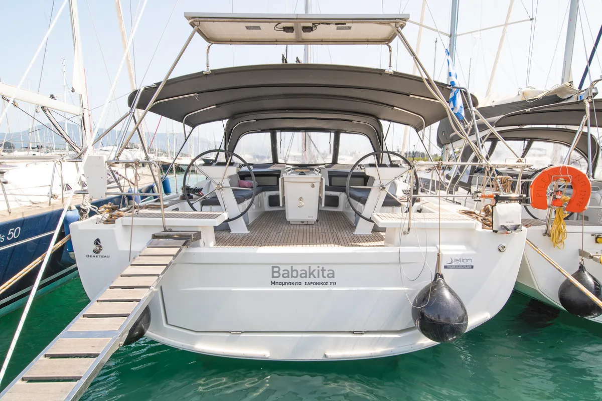 Cockpit of Babakita, a Beneteau Oceanis 51.1 sailboat at Kontokali, Greece