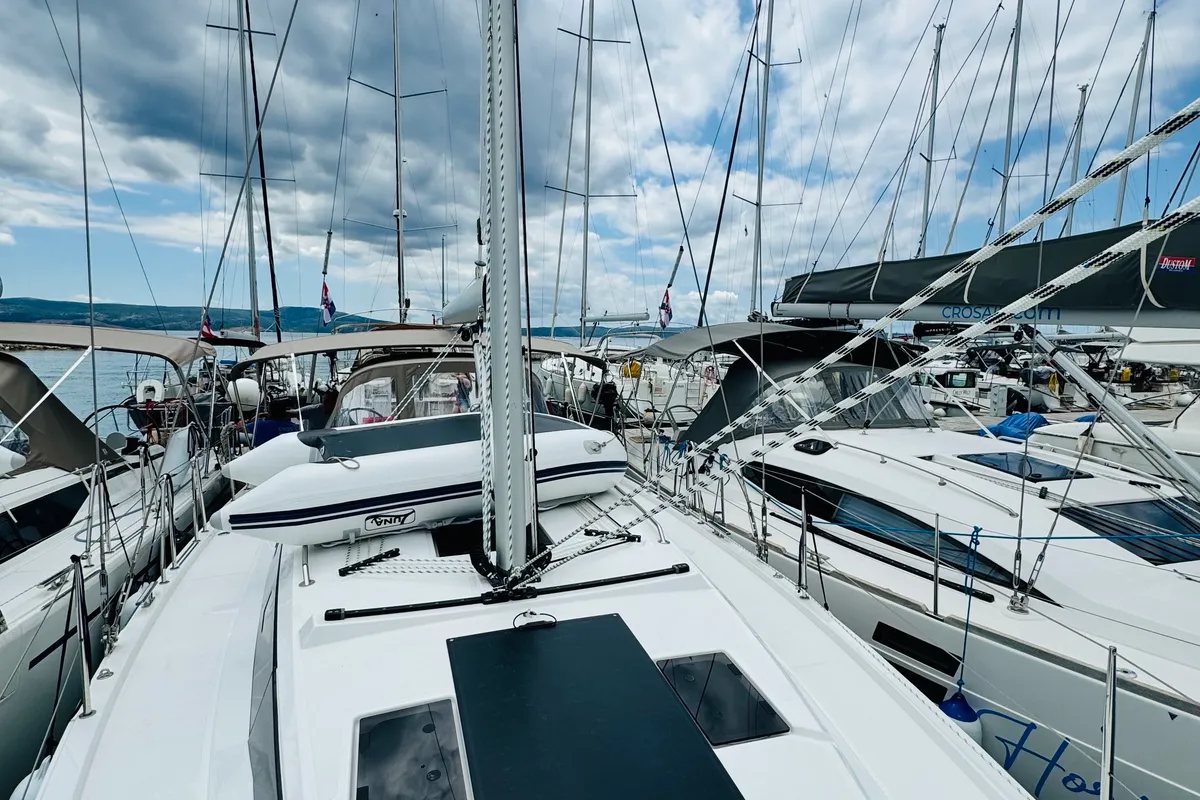 Deck of Mila, a Bavaria C38 sailboat at Novi Vinodolski, Croatia