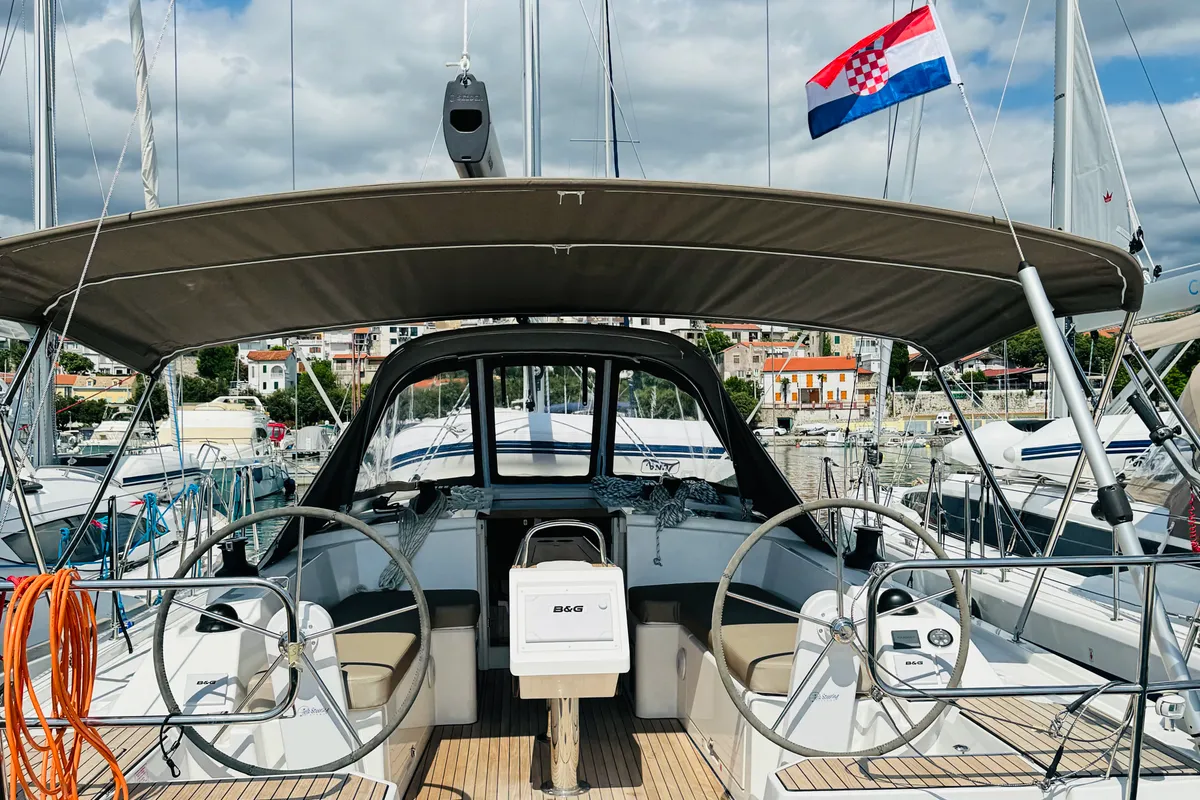 Cockpit of Mila, a Bavaria C38 sailboat at Novi Vinodolski, Croatia