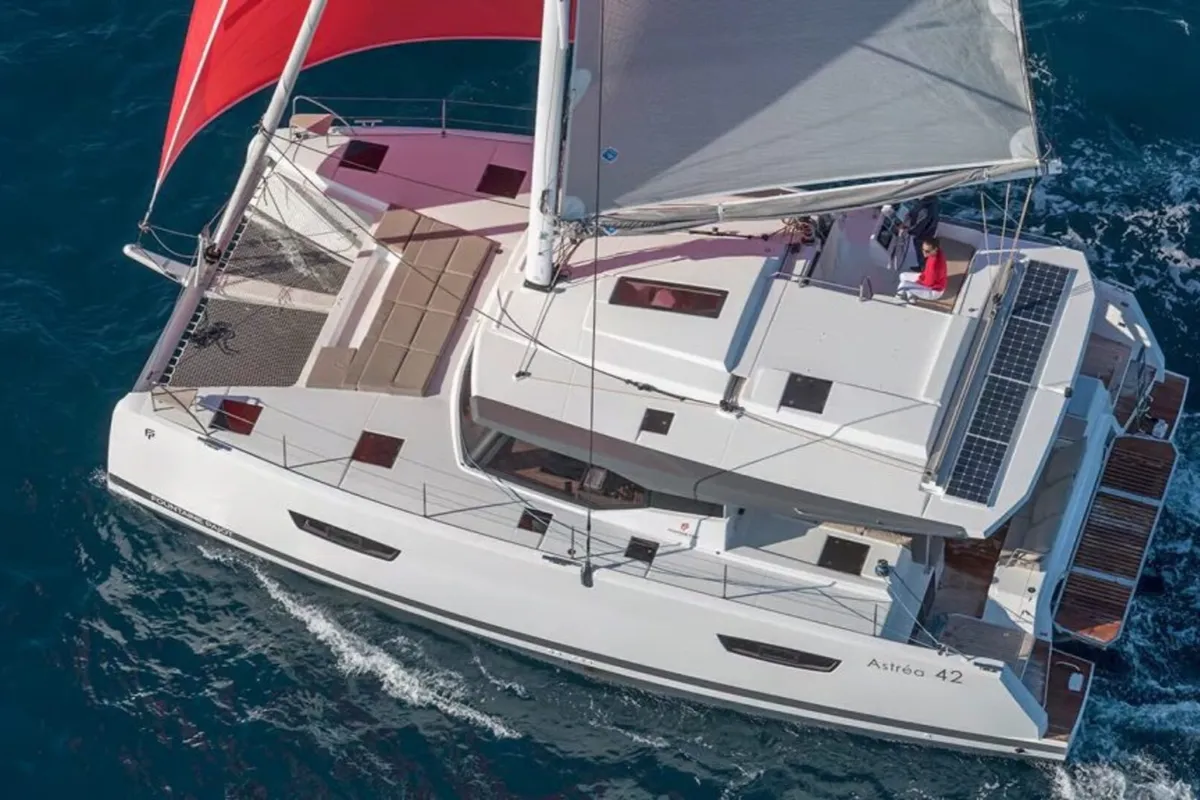 Exterior view of Satellite, a Fountaine Pajot Astrea 42 catamaran at Kotor, Montenegro