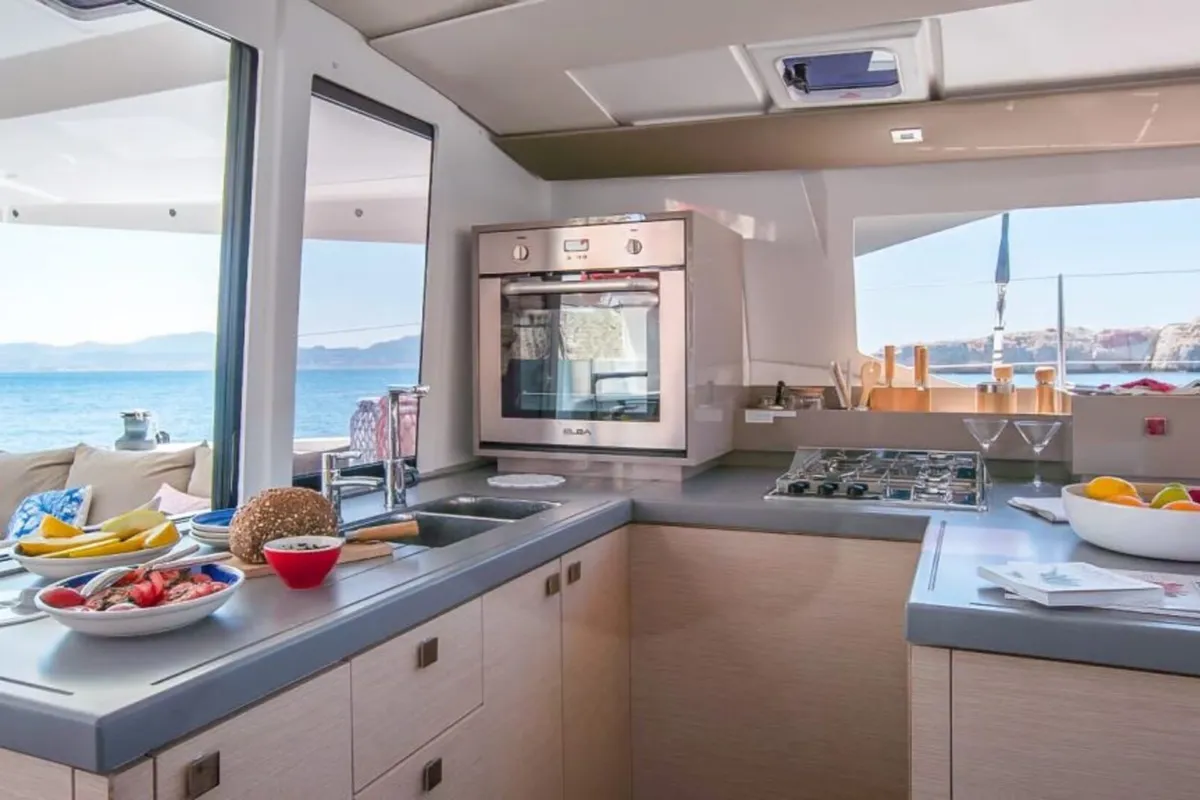Galley of Satellite, a Fountaine Pajot Astrea 42 catamaran at Kotor, Montenegro