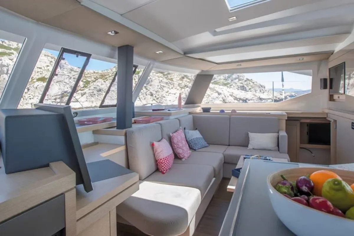 Salon of Satellite, a Fountaine Pajot Astrea 42 catamaran at Kotor, Montenegro