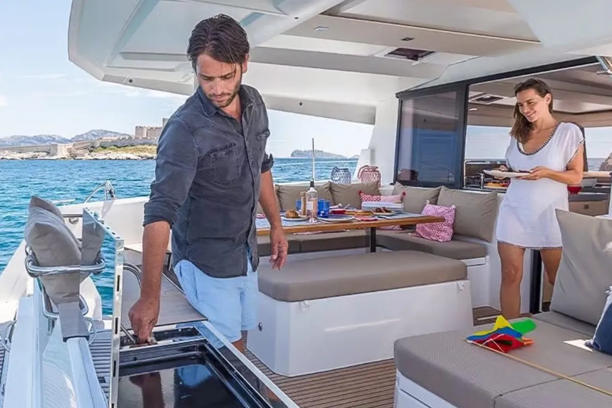 Deck of Satellite, a Fountaine Pajot Astrea 42 catamaran at Kotor, Montenegro