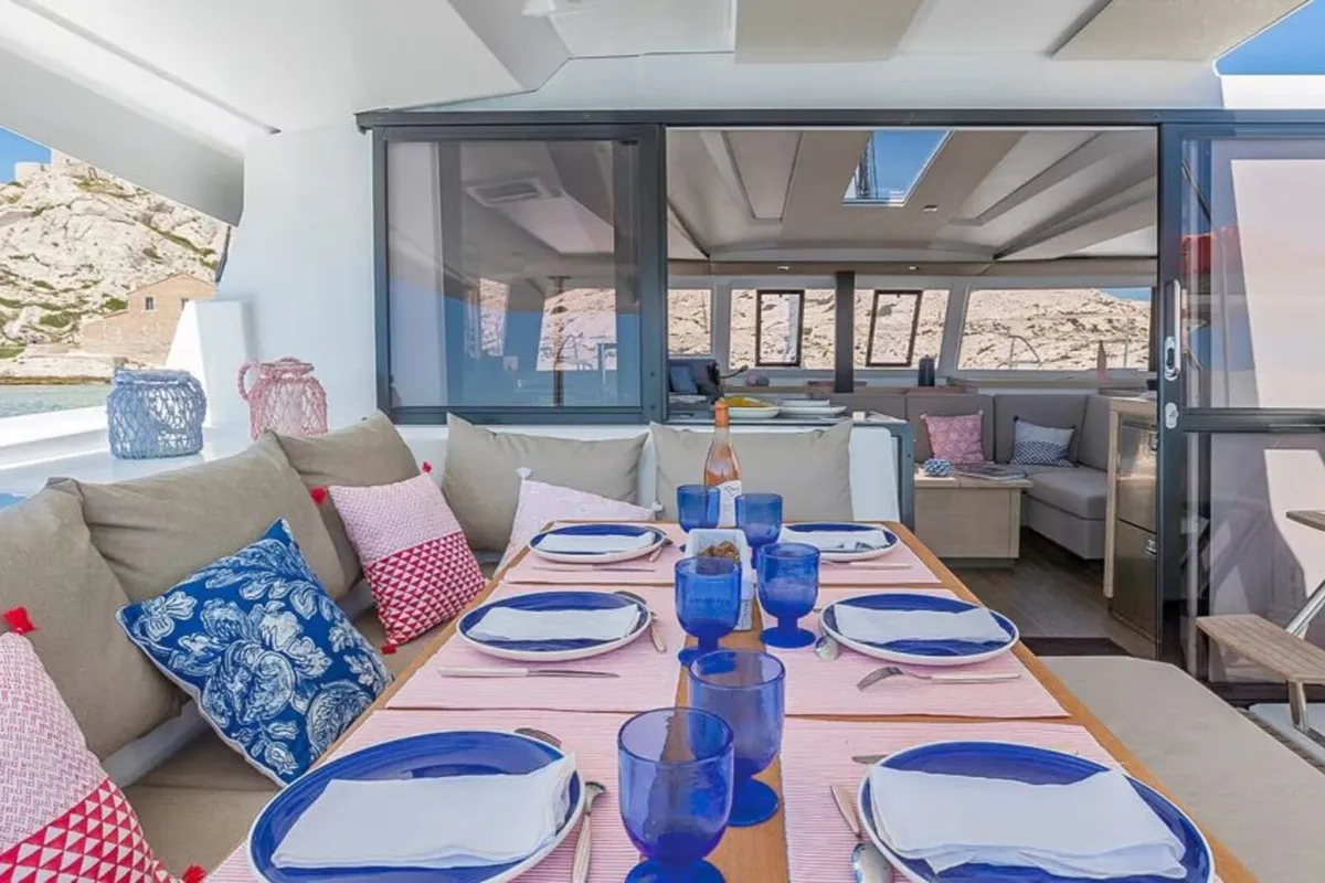 Deck of Satellite, a Fountaine Pajot Astrea 42 catamaran at Kotor, Montenegro