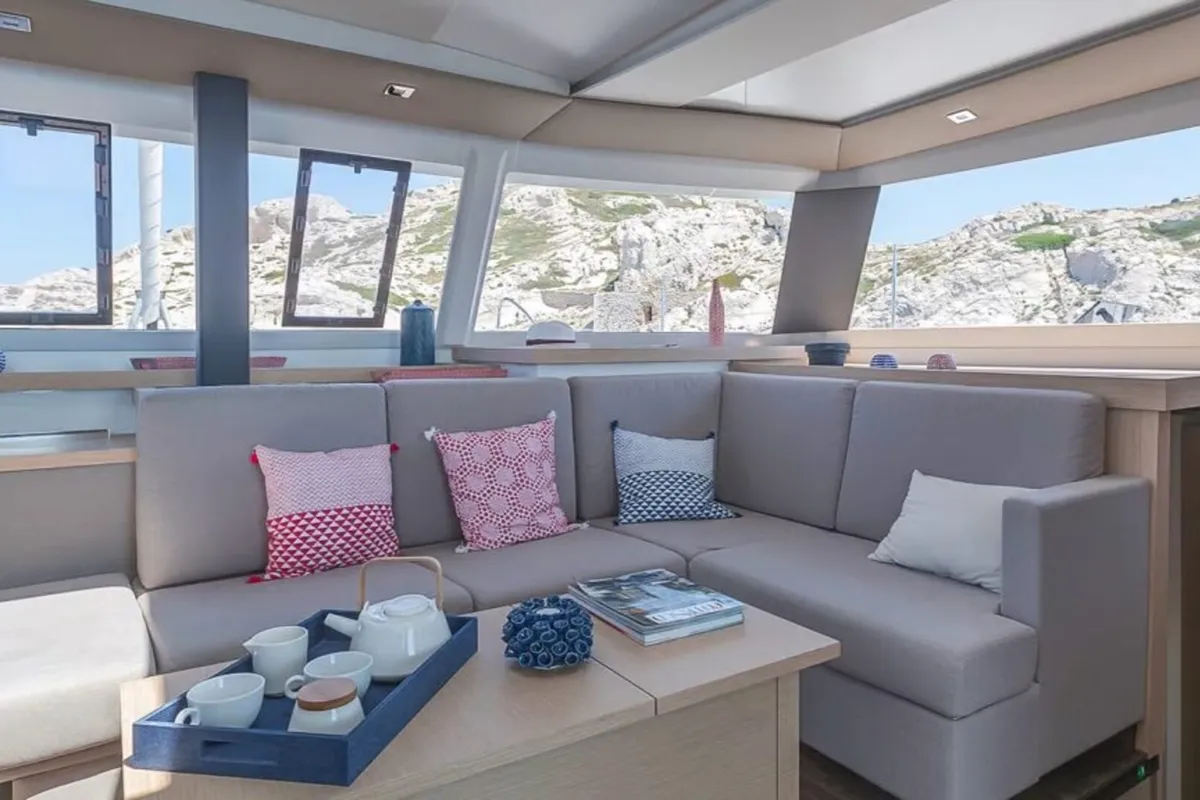 Salon of Satellite, a Fountaine Pajot Astrea 42 catamaran at Kotor, Montenegro