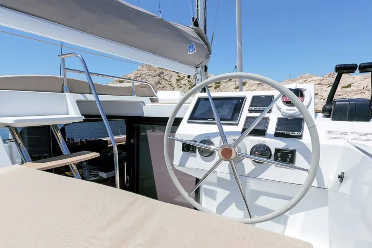 Cockpit of Satellite, a Fountaine Pajot Astrea 42 catamaran at Kotor, Montenegro