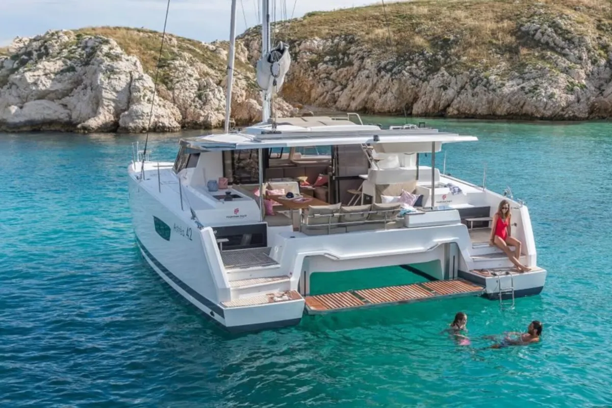 Exterior view of Satellite, a Fountaine Pajot Astrea 42 catamaran at Kotor, Montenegro