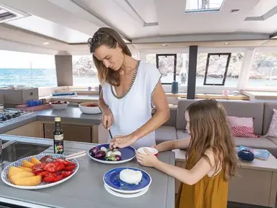 Galley of Satellite, a Fountaine Pajot Astrea 42 catamaran at Kotor, Montenegro