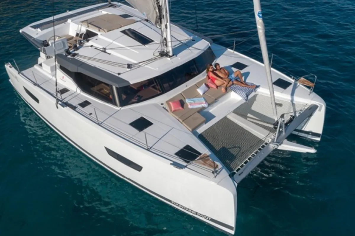 Exterior view of Satellite, a Fountaine Pajot Astrea 42 catamaran at Kotor, Montenegro