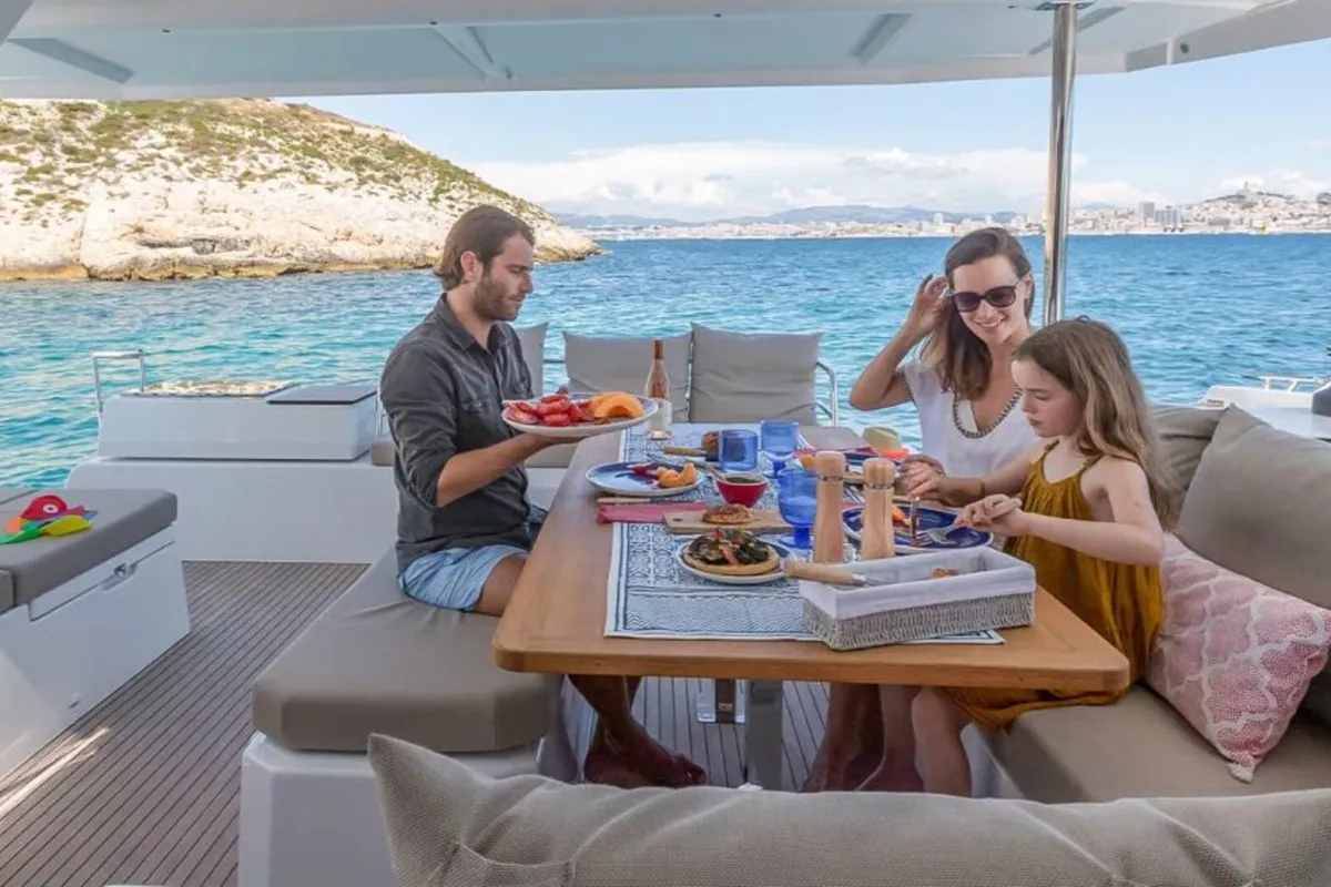 Deck of Satellite, a Fountaine Pajot Astrea 42 catamaran at Kotor, Montenegro