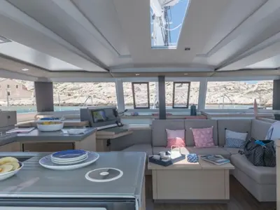 Salon of Satellite, a Fountaine Pajot Astrea 42 catamaran at Kotor, Montenegro