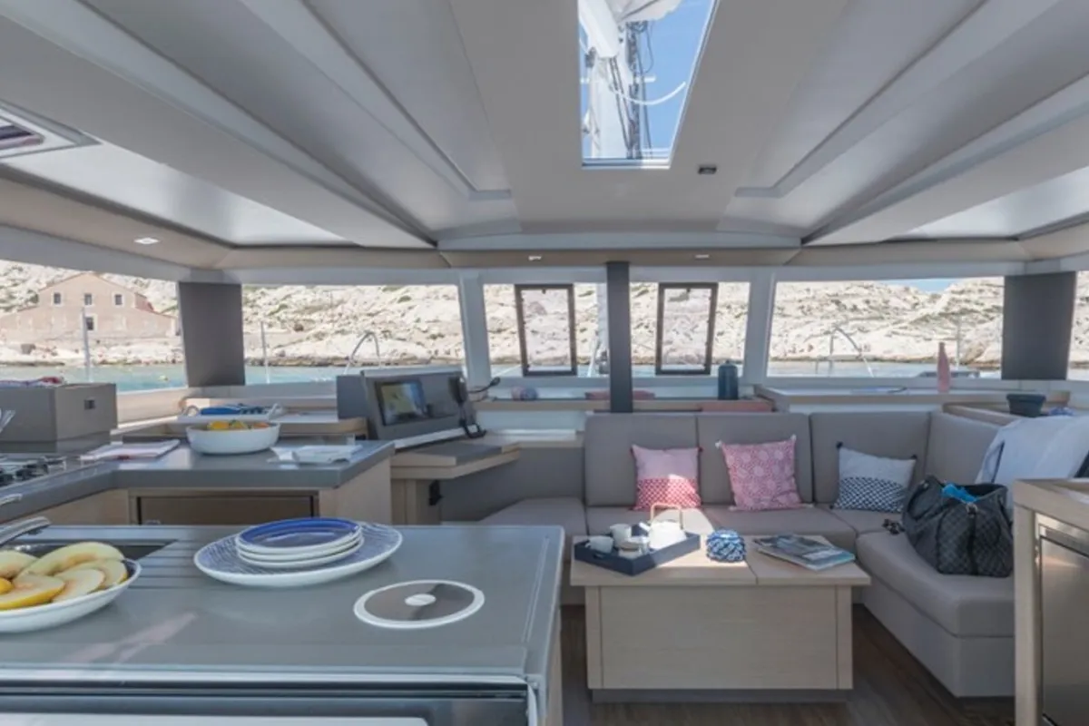 Salon of Satellite, a Fountaine Pajot Astrea 42 catamaran at Kotor, Montenegro