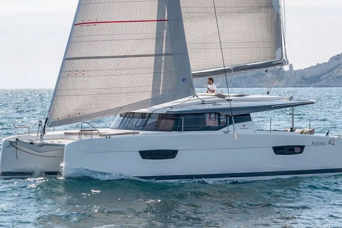 Exterior view of Satellite, a Fountaine Pajot Astrea 42 catamaran at Kotor, Montenegro