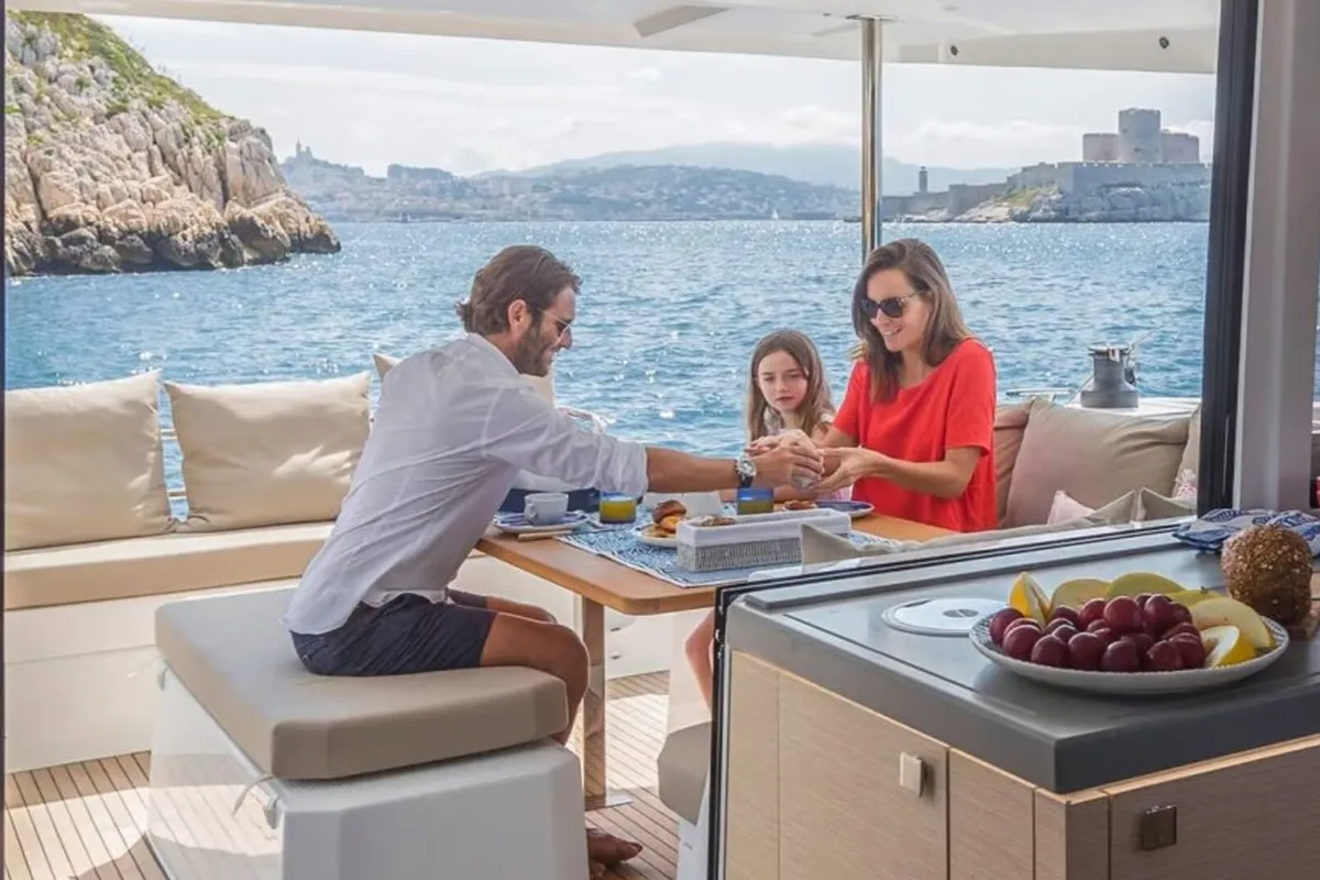 Deck of Satellite, a Fountaine Pajot Astrea 42 catamaran at Kotor, Montenegro