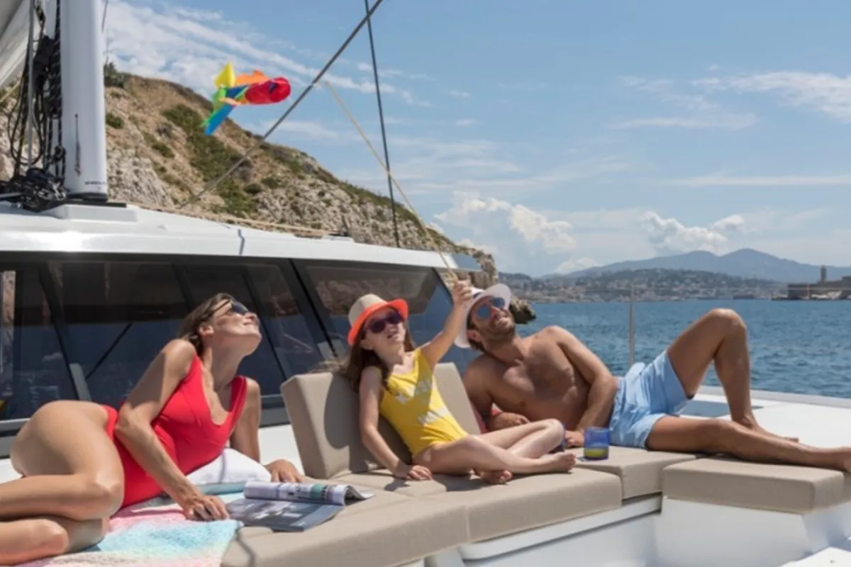 Deck of Satellite, a Fountaine Pajot Astrea 42 catamaran at Kotor, Montenegro