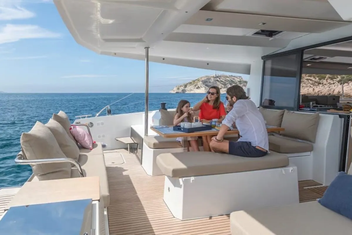 Deck of Satellite, a Fountaine Pajot Astrea 42 catamaran at Kotor, Montenegro