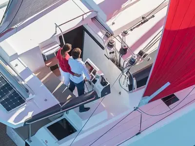 Cockpit of Satellite, a Fountaine Pajot Astrea 42 catamaran at Kotor, Montenegro