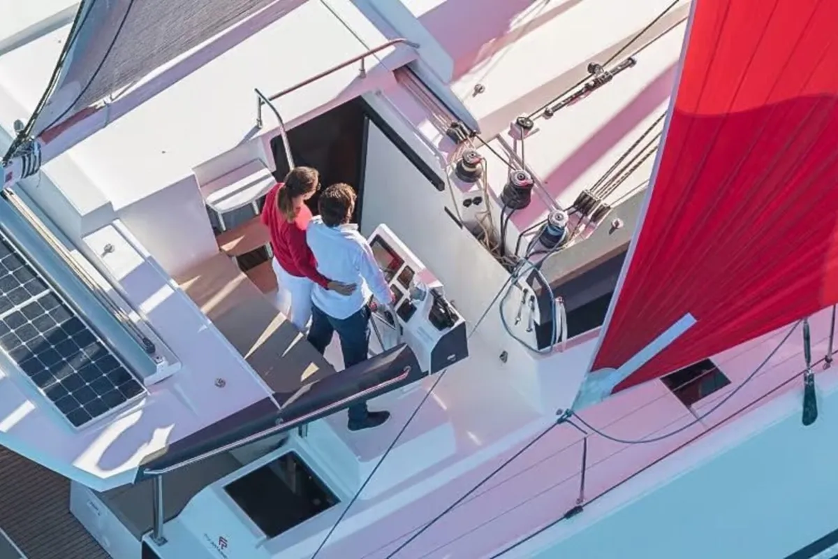 Cockpit of Satellite, a Fountaine Pajot Astrea 42 catamaran at Kotor, Montenegro