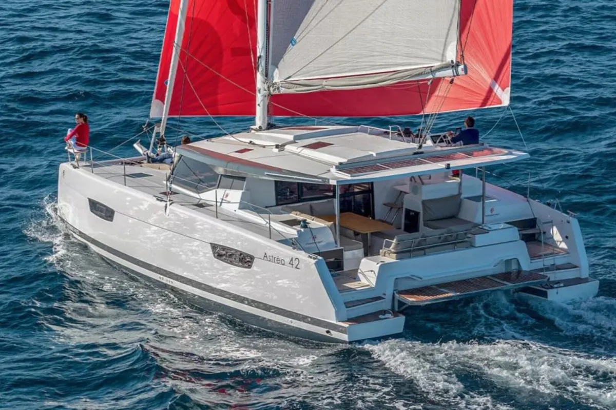 Exterior view of Satellite, a Fountaine Pajot Astrea 42 catamaran at Kotor, Montenegro