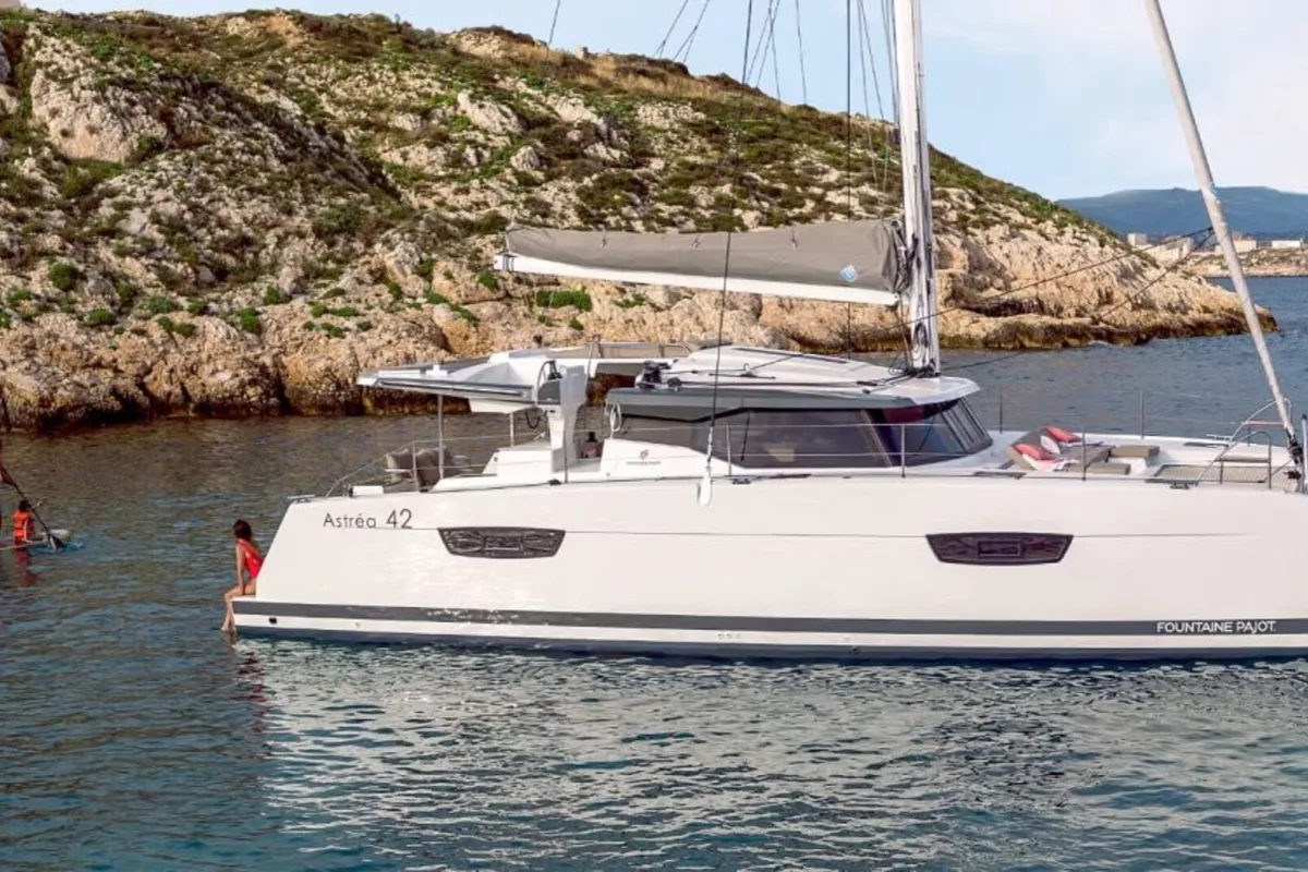 Exterior view of Satellite, a Fountaine Pajot Astrea 42 catamaran at Kotor, Montenegro
