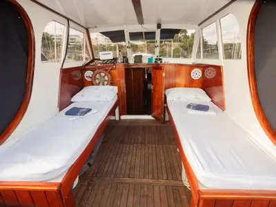 Cockpit of BILI, a Gulet Leut motorboat at Split, Croatia