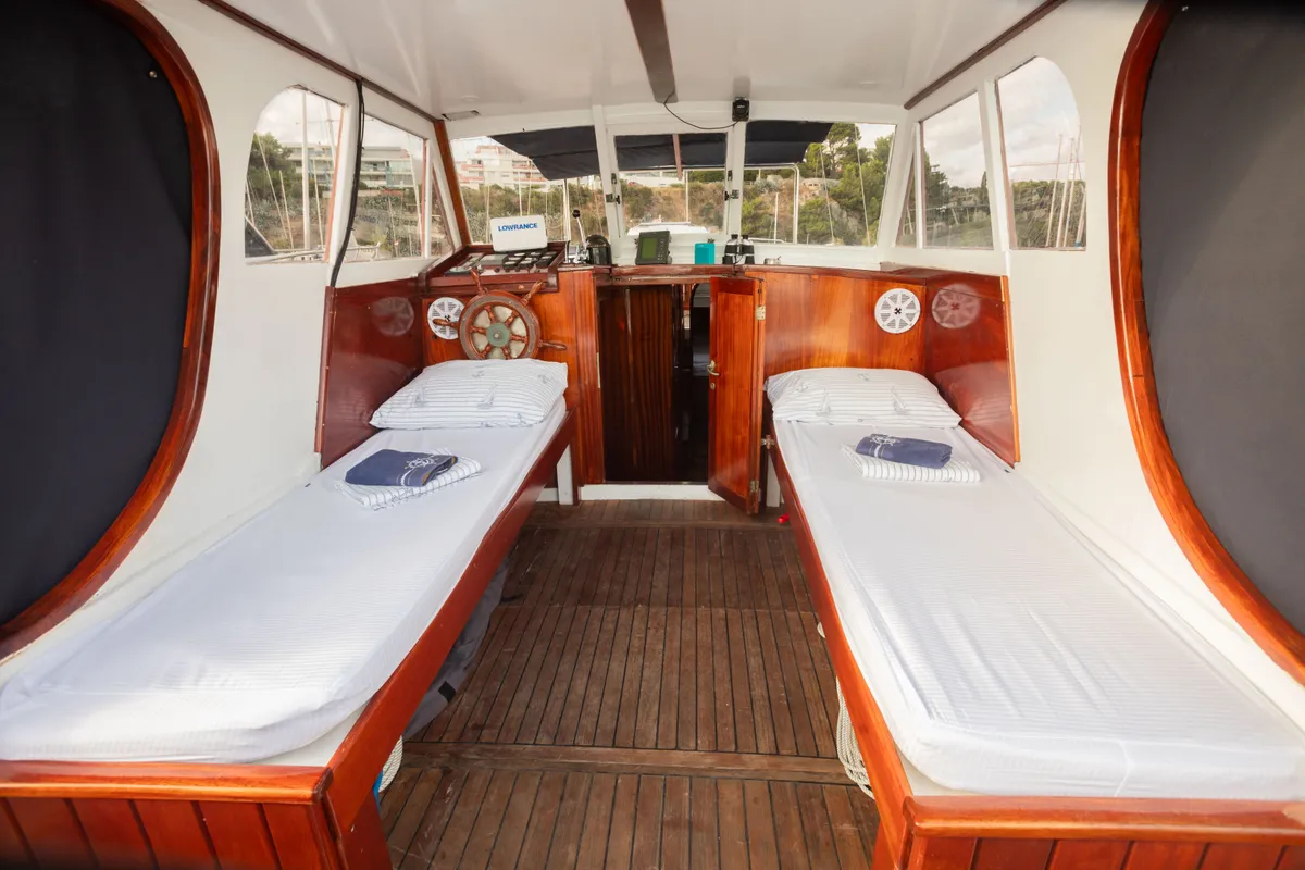 Cockpit of BILI, a Gulet Leut motorboat at Split, Croatia