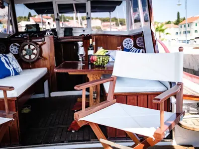 Salon of BILI, a Gulet Leut motorboat at Split, Croatia