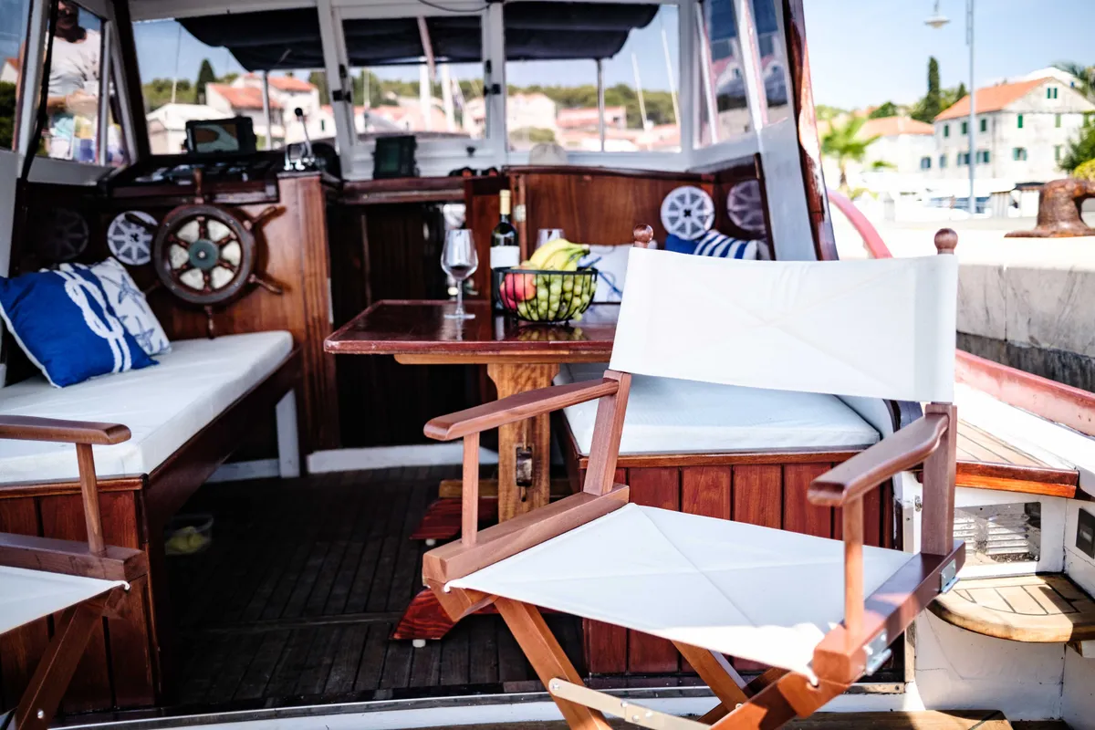 Salon of BILI, a Gulet Leut motorboat at Split, Croatia