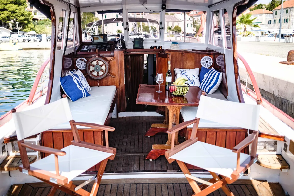 Cockpit of BILI, a Gulet Leut motorboat at Split, Croatia