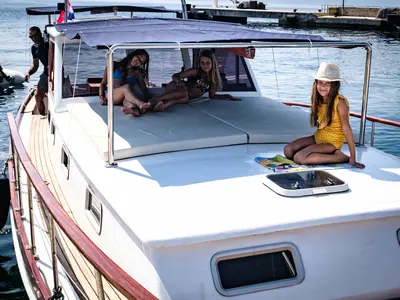 Deck of BILI, a Gulet Leut motorboat at Split, Croatia