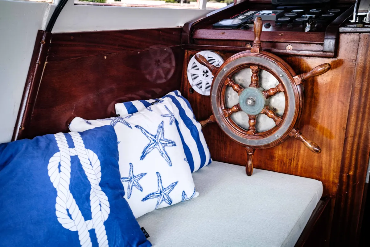 Cockpit of BILI, a Gulet Leut motorboat at Split, Croatia