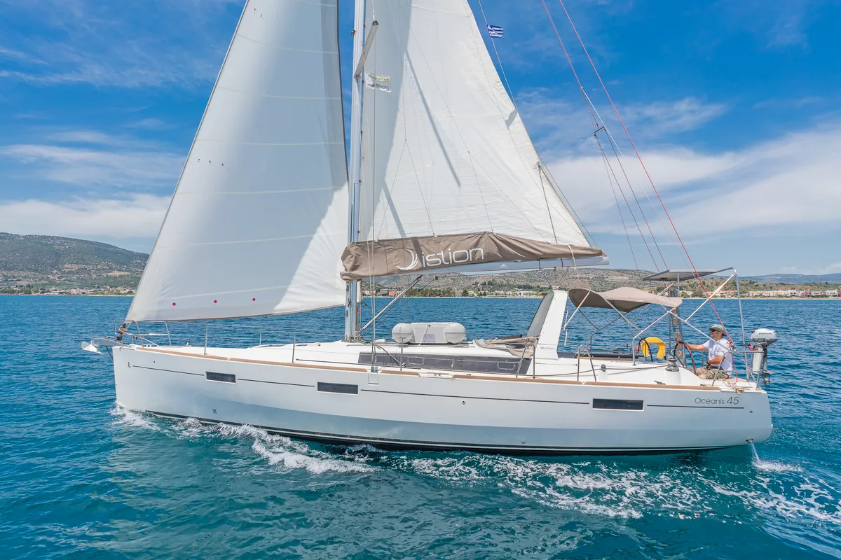 Exterior view of Quantum, a Beneteau Oceanis 45 sailboat at Municipal Unit of Rhodes, Greece