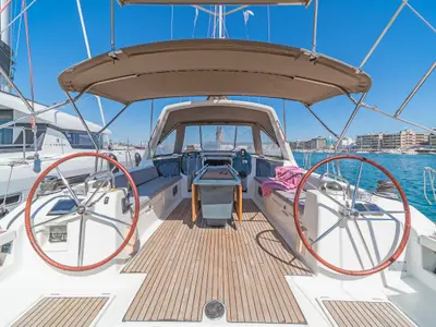 Cockpit of Quantum, a Beneteau Oceanis 45 sailboat at Municipal Unit of Rhodes, Greece